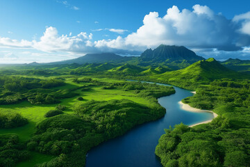 breathtaking view of lush green mountains and winding river under bright blue sky, showcasing beauty of nature and tranquility