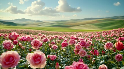 Fototapeta premium A field of wild roses swaying gently in the breeze, with rolling green hills in the background. --chaos 20 --ar 16:9 --quality 2 --v 6.1 Job ID: b48301da-c625-4bef-a24f-89662d2d55bf