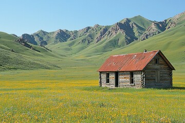 Rustic wooden cabin in vibrant flower-filled meadow against mountain backdrop