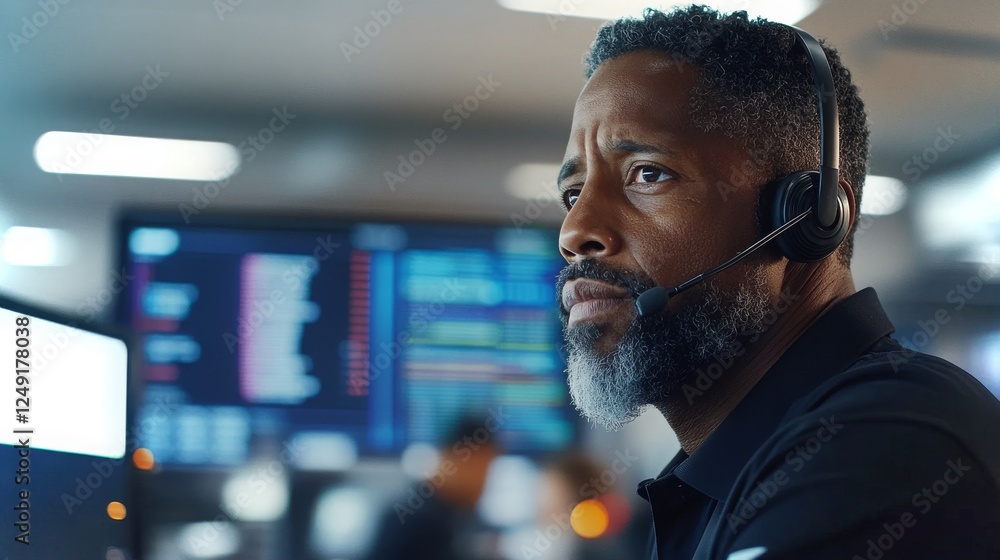 Poster professional working in a control room monitoring systems with a headset in a high-tech environment