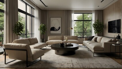  Contemporary living room with three sofas, circular coffee table, large windows, and neutral tones for an open, airy feel