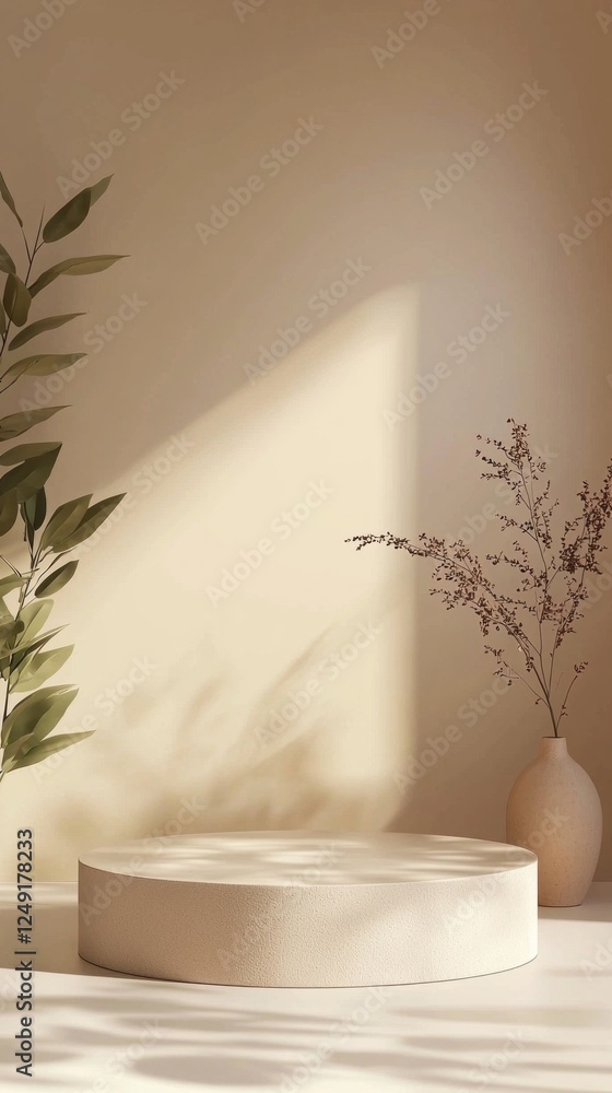 Poster this setting features a minimalist beige podium placed on a soft brown surface, enhanced by gentle s