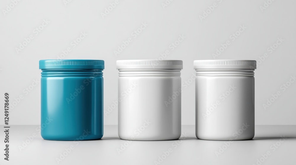 Poster stylish arrangement of three cosmetic jars in modern color scheme on minimalistic background