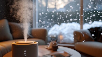 Close-up of a modern humidifier in a cozy living room on a cold winter day. snow is falling softly, creating a serene winter atmosphere. The air inside looks fresh and moist