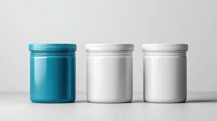 Stylish arrangement of three cosmetic jars in modern color scheme on minimalistic background