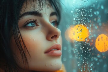 young woman resting her head against a rainspeckled window lost in thought soft light filtering through evoking feelings of nostalgia and introspection in a cozy atmosphere