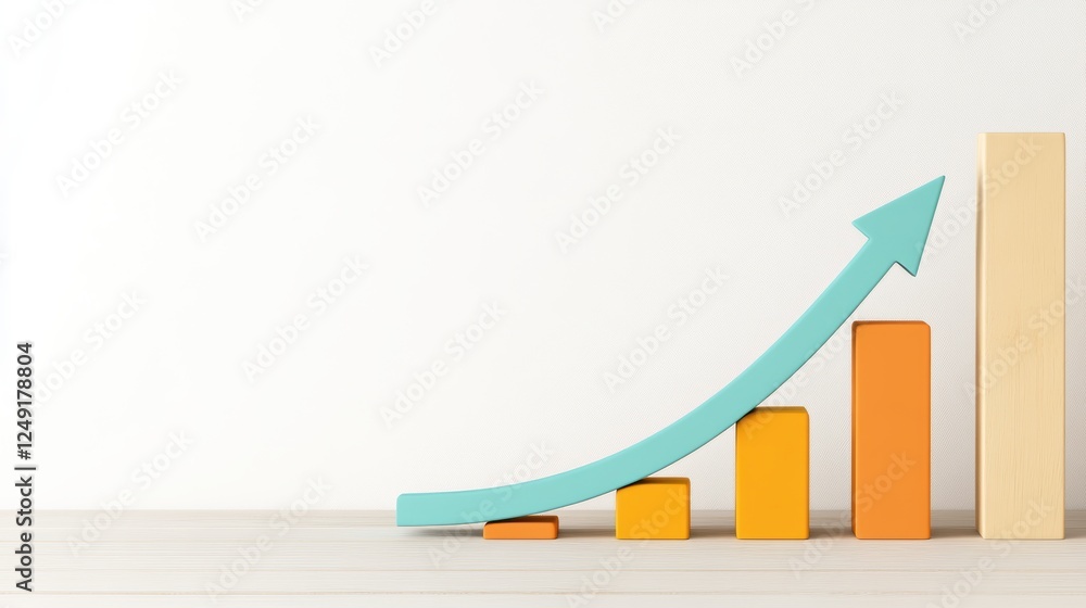 Poster a colorful bar chart with an upward arrow symbolizes growth and progress in a minimalist setting.