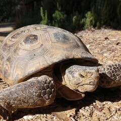 Desert Tortoise on Gravel: Captivating shot of a desert tortoise with a textured shell, peeking out on a sunny day, perfect for nature and wildlife documentaries.
