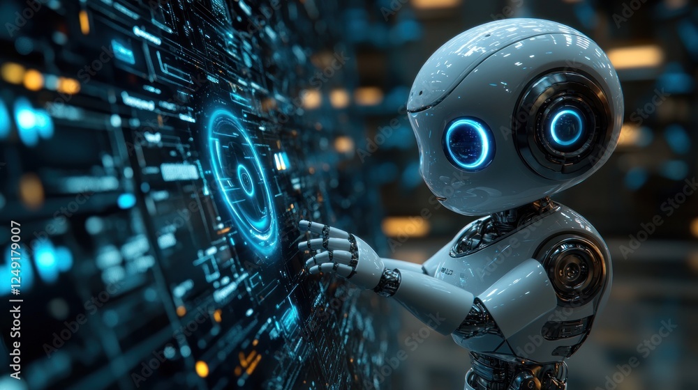 Poster a small, cute robot interacts with a futuristic digital interface, showcasing technological advancem