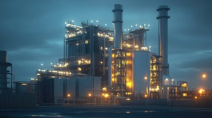 Industrial gas power plant illuminated in the twilight, showcasing modern technology and innovation in energy production.