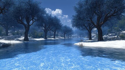 Serene winter river flowing through snow-covered trees