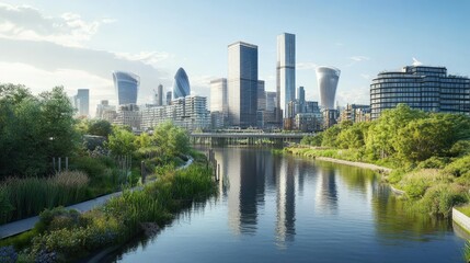 Limmo Peninsula's thriving biodiversity amid Bow Creek's waterways, framed by contemporary London skyscrapers, creating a unique cityscape.