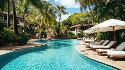 Fototapeta premium Luxurious pool area in a tropical resort with elegant sunbeds, swaying palms, and tranquil waters on a sunny day.