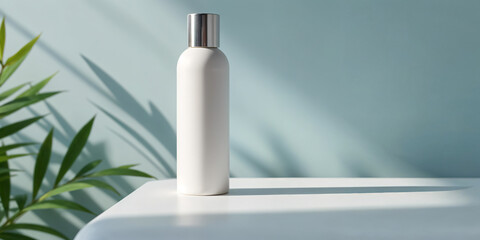 A bottle of lotion is sitting on a wooden table next to some leaves. The bottle is white and has a pump on top. The leaves are green and appear to be fresh and healthy