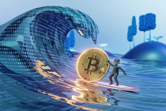 A digital wave of binary code carries a Bitcoin, surfed by a miniature figure, symbolizing cryptocurrency's volatility and potential.