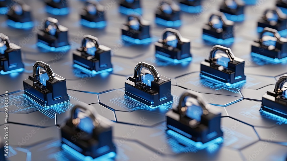 Poster minimalist blue lock with circuit lines over a hexagonal white grid, showcasing secure technology co