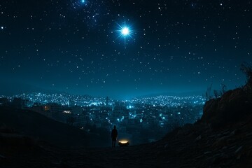 Naklejka premium Starry night sky with a glowing galaxy and mountain silhouette