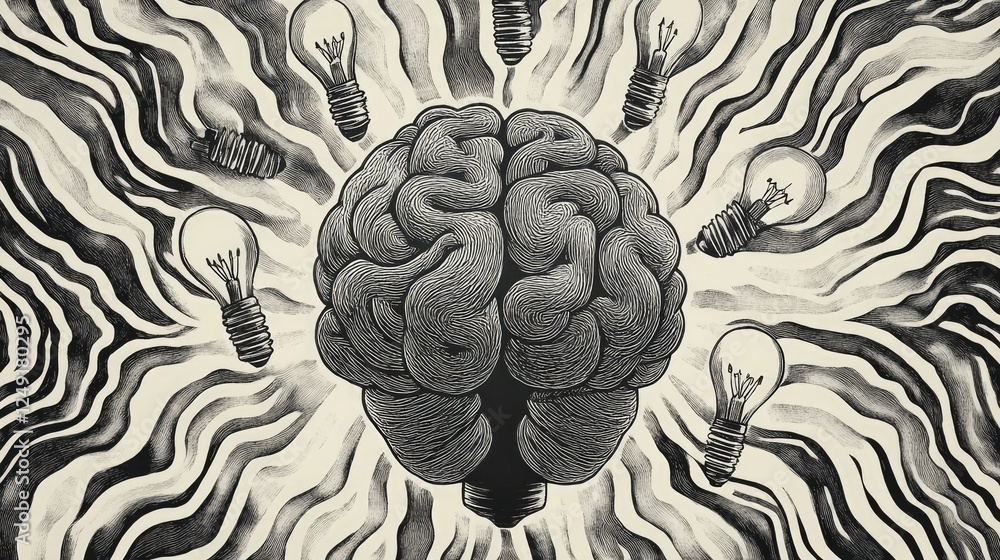 Poster minimalist hand-drawn brain with surrounding light bulbs and abstract zigzag lines, symbolizing idea