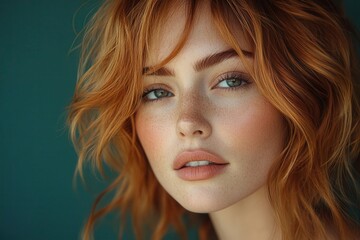 Naklejka premium young woman with tousled copper hair in textured waves dramatic sidelighting editorial beauty portrait against deep teal backdrop film grain texture