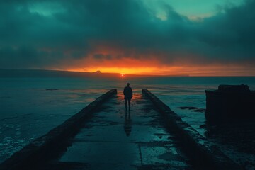 Fototapeta premium Silhouette of a person walking on a pier at sunset with vibrant sky colors