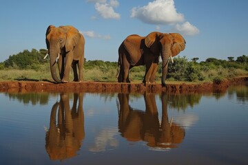 Two African elephants stand by a calm waterhole, their reflections mirrored on the surface, peaceful coexistence and grandeur of these animals within the serene African landscape.