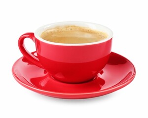 Red cup of aromatic coffee and saucer isolated on white