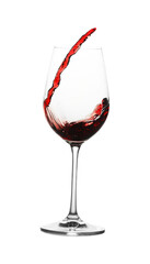 Tasty wine splashing in glass on white background