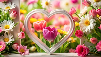 Obraz premium Spring Congratulatory Background: Pink Heart Frame with Tulips, Daisies & Chrysanthemums - Tilt-Shift