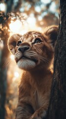 Fototapeta premium Curious and cute lion cub, posing on a tree. Close-up of lion cub exploring the environment with bright eyes.