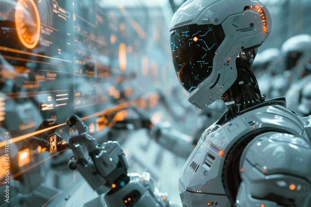 Poster close-up of robot using advanced digital interface with holographic elements, symbolizing artificial
