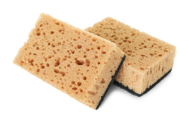 Two soft sponges isolated on white. Cleaning supply