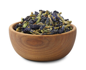 Butterfly pea flower tea. Dry Clitoria ternatea petals in bowl isolated on white