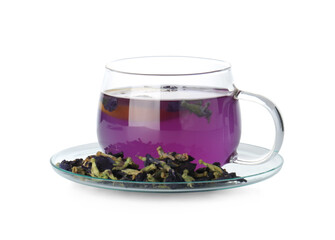 Delicious butterfly pea flower tea in glass cup and dry petals isolated on white
