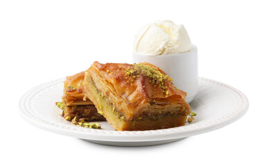 Delicious baklava with crushed nuts and ice cream isolated on white