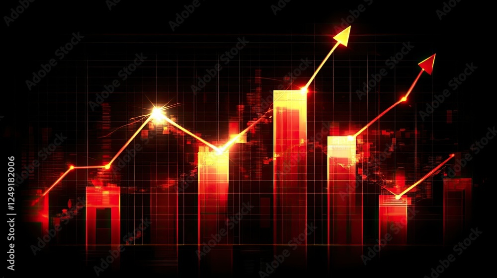 Poster red arrows and line charts on a black background with grid lines, bar charts, and glowing data point