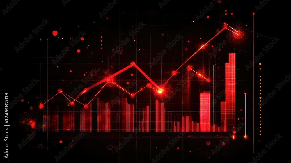 Poster red arrows and line charts on a black background with grid lines, bar charts, and glowing data point