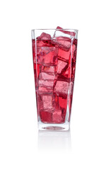 Sweet soda water with ice cubes in glass isolated on white