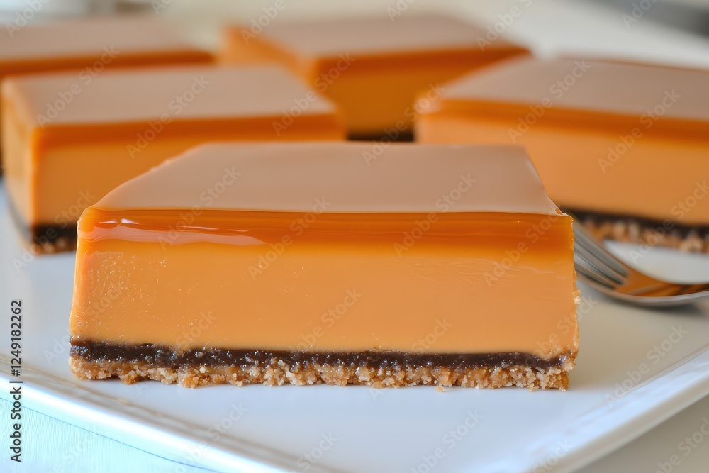 Poster a close-up of layered dessert squares with a glossy caramel topping and a chocolate base.