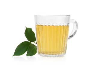Refreshing green tea in cup and leaves isolated on white