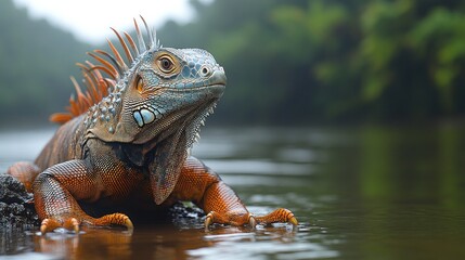 Obraz premium A vibrant orange and blue iguana rests on a rock partially submerged in calm water, with lush green foliage in the background.