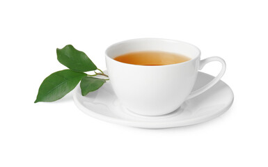 Refreshing green tea in cup and leaves isolated on white