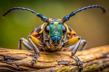 Striking Close-up Portrait of a Longhorn Beetle (Oberea oculata) on a Branch
