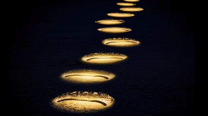 series of warm lights magical path through dark inviting exploration and sense of wonder and illumination