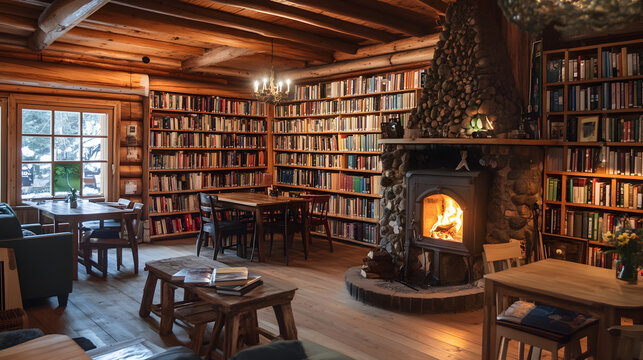 cafe with wooden interiors, a fireplace, and a cozy atmosphere surrounded by bookshelves 