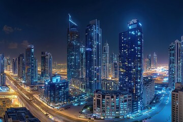 Obraz premium A panoramic view of the bustling cityscape at night