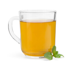 Aromatic mint tea and fresh leaves isolated on white