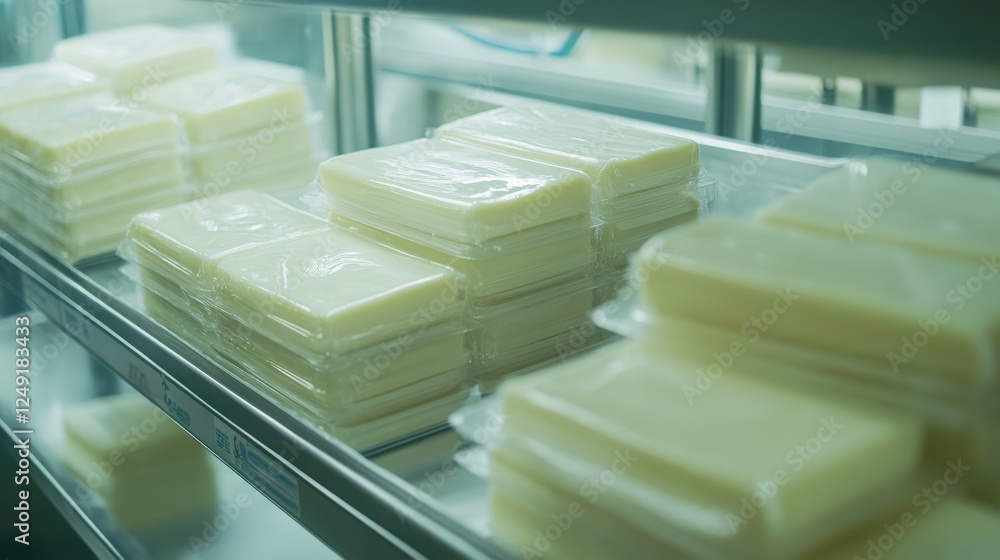 Poster shelves filled with neatly packaged blocks of cheese in a refrigerated display case