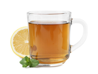 Tasty mint tea in cup, lemon and fresh leaves isolated on white