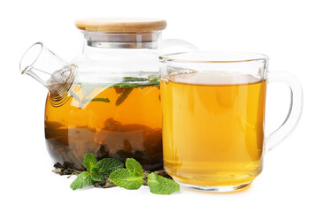 Aromatic mint tea, fresh and dried leaves isolated on white