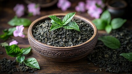 Loose leaf green tea in bowl, flowers, wood table, herbal drink